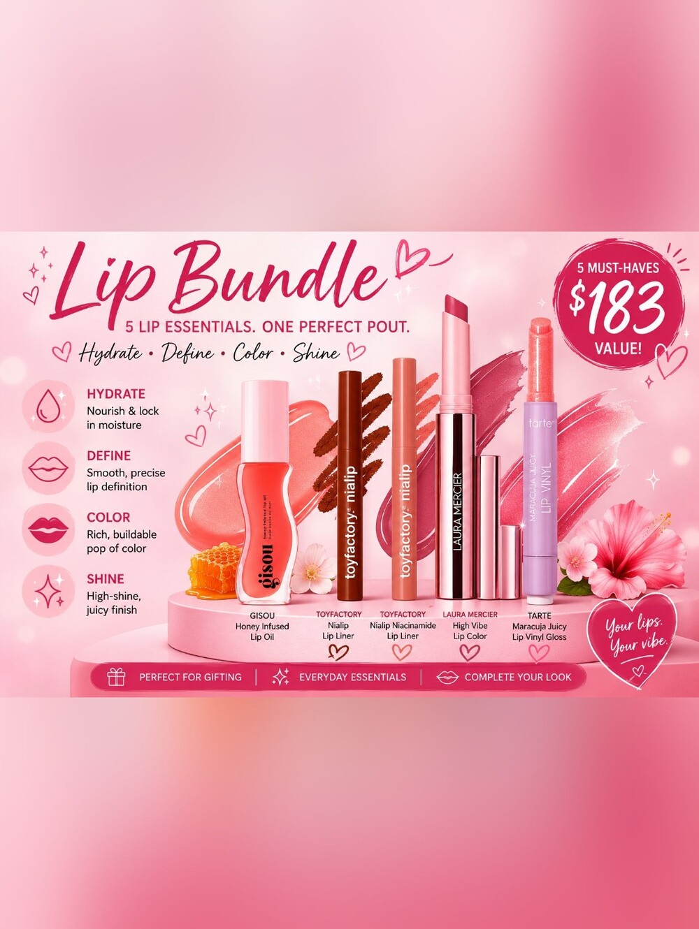 💋 Ultimate Lip Bundle | Laura Mercier • Tarte • Gisou • Toyfactory | Value $183